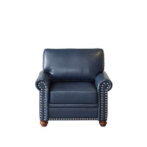 35.8 in. Round Arm Faux Leather Rectangle Mid-Century Modern Sofa in Navy Blue with Solid Wood Legs and Silver Nails
