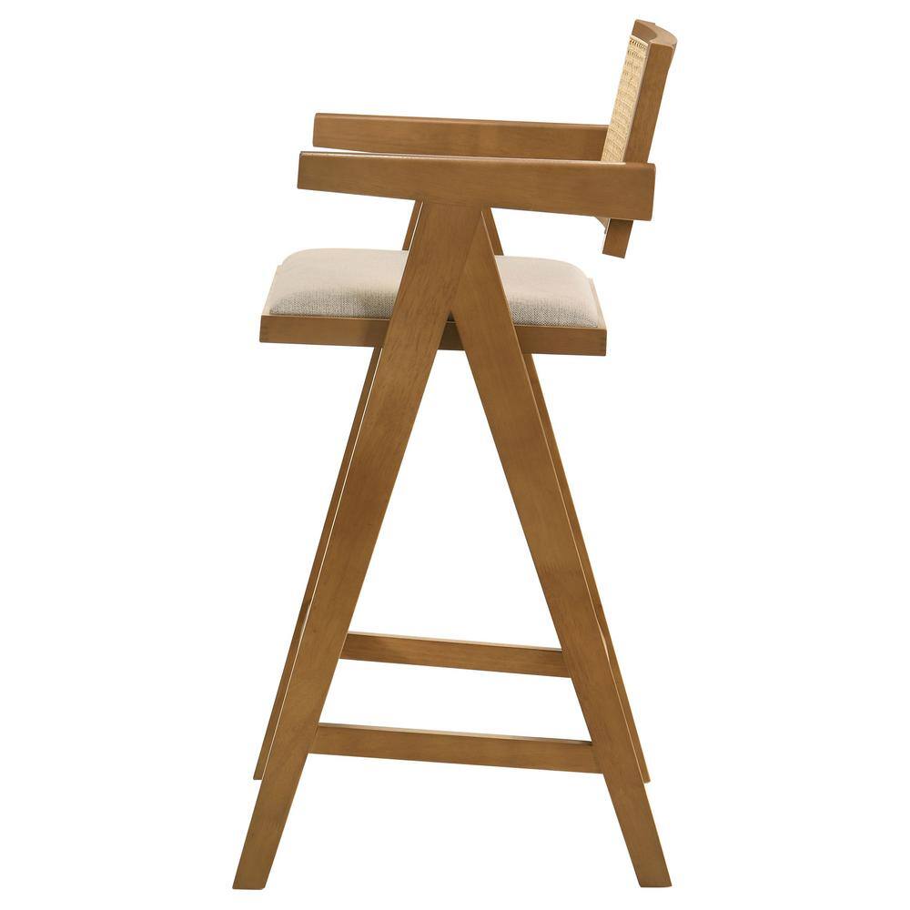 Light Walnut Mid-Century Modern Rattan Bar Stool with Upholstered Seat