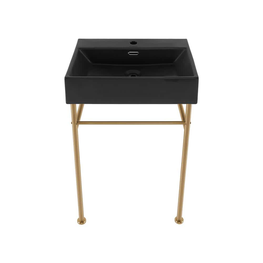 Swiss Madison Claire 24 Ceramic Console Sink Matte Black Basin Brushed Gold Legs