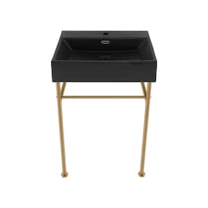 Claire 24 in. Ceramic Console Sink Basin in Matte Black with Brushed Gold Legs
