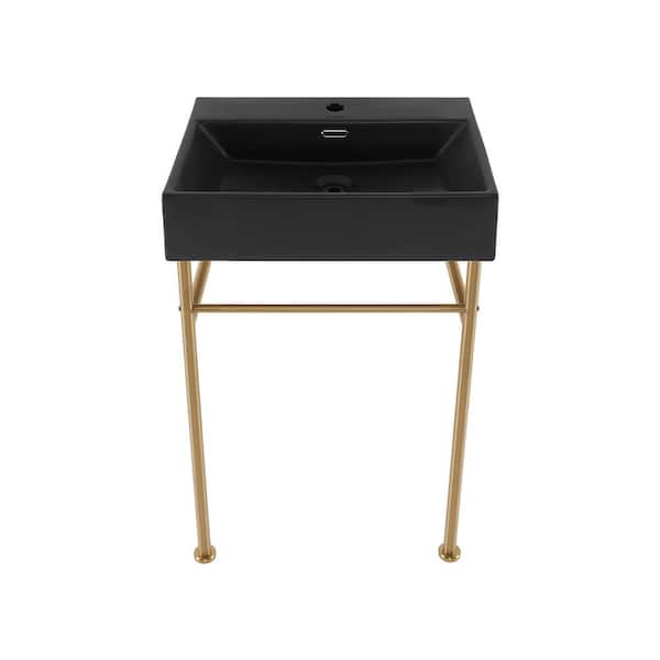 Swiss Madison Claire 24 in. Ceramic Console Sink Basin in Matte Black with Brushed Gold Legs