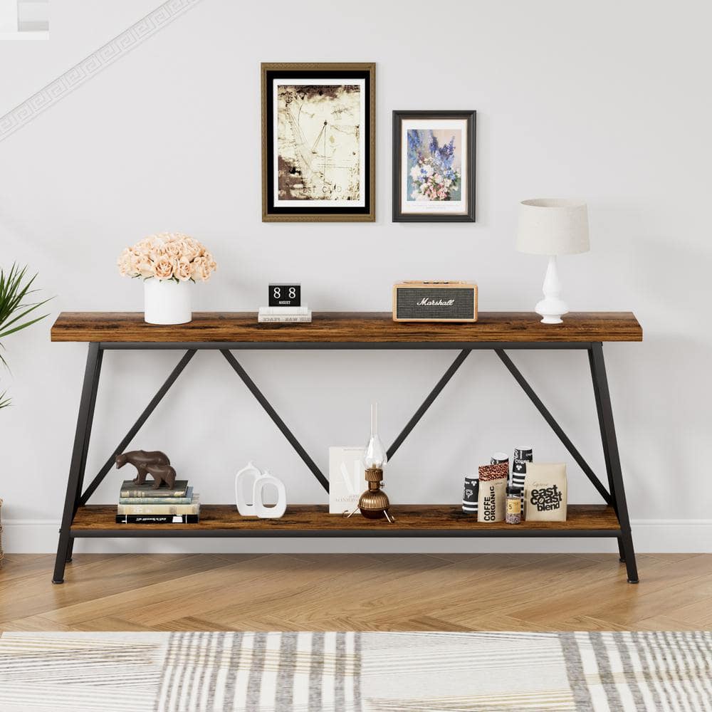 70.9 in. Brown Rectangle Wood Extra Long Sofa Table Console Behind Sofa wit