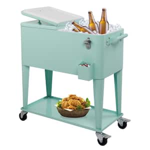 80 Qt. Rolling Cart on Wheels, Blue Patio Cooler for Party, Steel Ice Chest with Shelf, Bottle Opener, Water Pipe