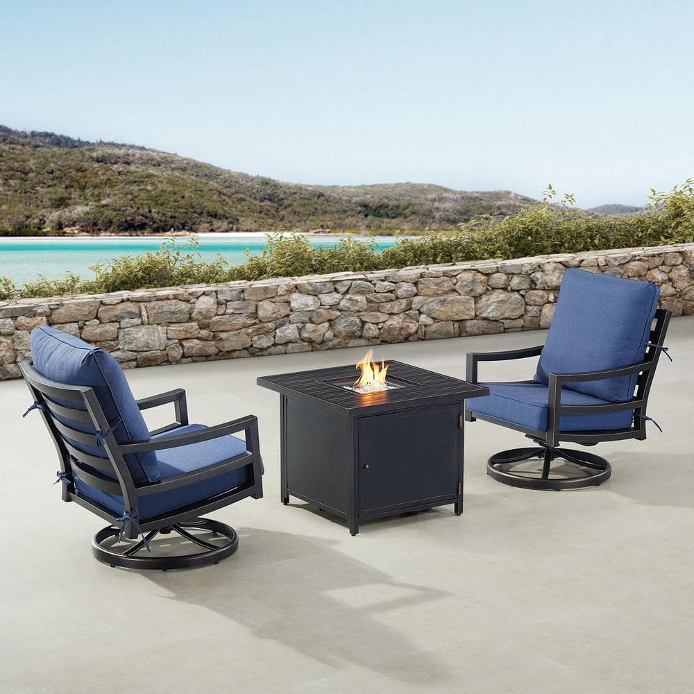 Black 3-Piece Aluminum Patio Fire Pit Set with 2-Club Chairs Blue Cushions price history on PriceWatchPro