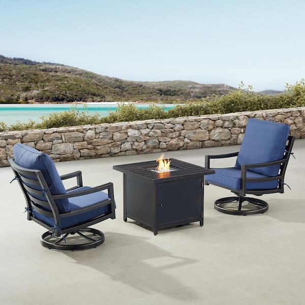 Oakland Living Black 3-Piece Aluminum Patio Fire Pit Set with 2-Club Chairs Blue Cushions