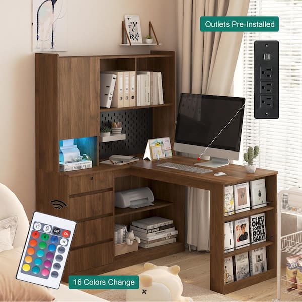 46 in. L-Shaped Brown Wood 4-Drawer Computer Desk with Open Shelves and Charging Station