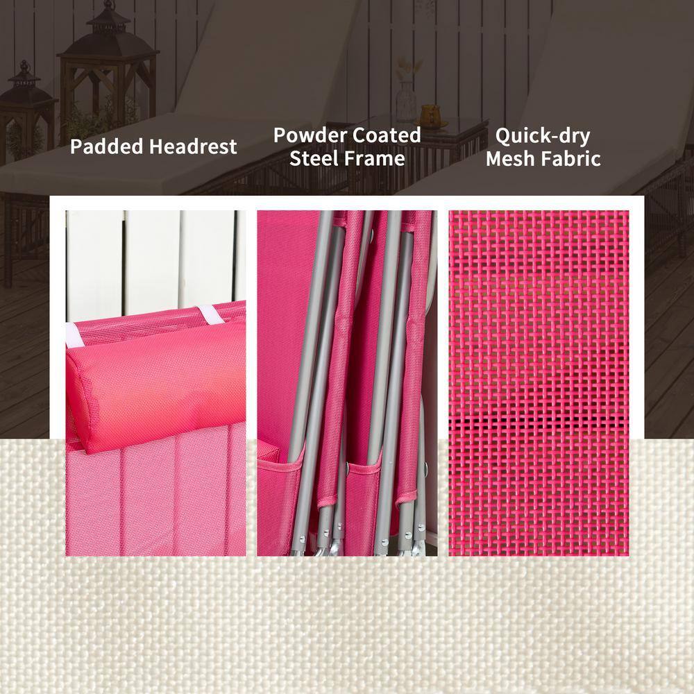 Close-up details of the padded headrest, steel frame, and mesh fabric of the pink lounge chair.