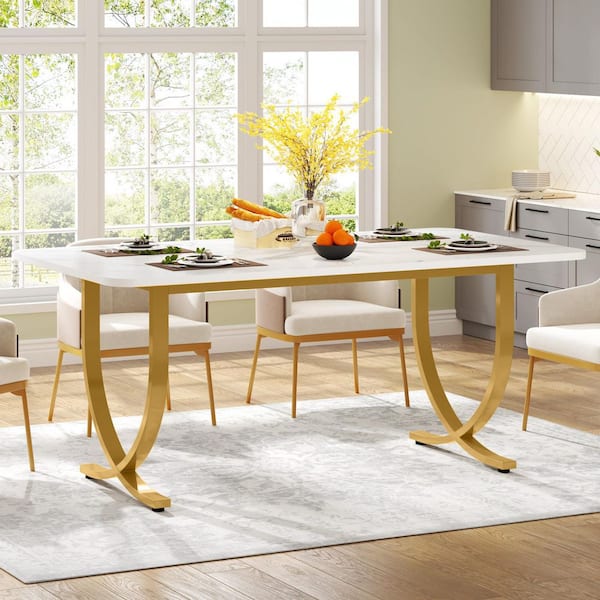 Rectangular White and Gold Marble Stone Table Top 63 in. Metal Cross Legs Dining Table for 4-6 People for Dining Room