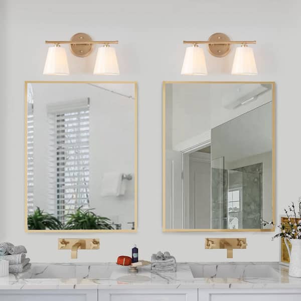 Modern Farmhouse Gold Bathroom Wall Sconce, 14.6 in. 2-Light Gold Vanity Light with Fabric Shades