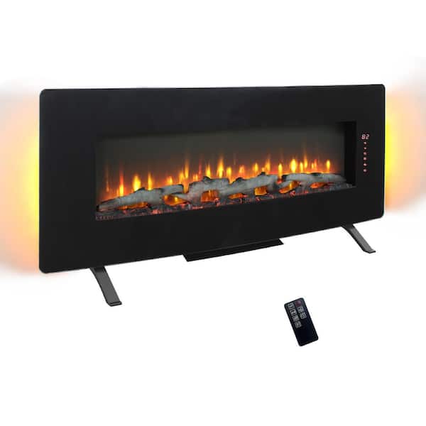 48 in. Curved Wall Mounted Electric Fireplace in Black with Multi-Color Flame, Ember Bed, Remote, Timer