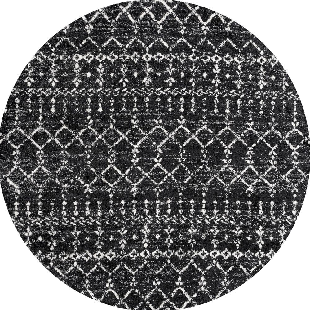 Vintage Moroccan Trellis 5' Round Rug in Black/Ivory