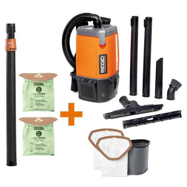 RIDGID 6 Qt. (1.5 Gal.) NXT Backpack Vacuum Cleaner with Filters, Telescoping Wand and Attachments for Dry Applications HDB600A