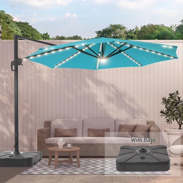 JOYESERY 11 ft. Solar LED Aluminum Cantilever Patio Umbrella with a Base/Stand, Offset Hanging 360-Degree Rotation in Lake Blue