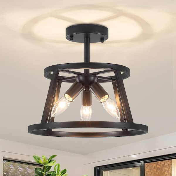 ZSMIHDOH 12.59 in. 3-Light Modern Gold Metal Drum Semi Flush