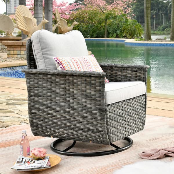 OVIOS Fortune Dark Gray 1-Piece Wicker Outdoor Patio Conversation Set with Gray Cushions and Swivel Chairs