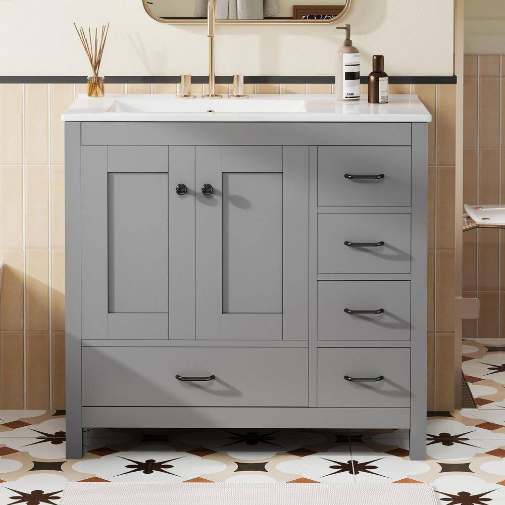 36 in. W Single Sink Freestanding Gray Solid Wood Frame Bath Vanity with White Ceramic Top, 5-Drawer price history on PriceWatchPro