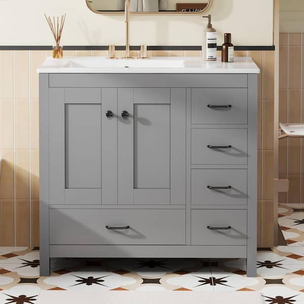 36 in. W Single Sink Freestanding Gray Solid Wood Frame Bath Vanity with White Ceramic Top, 5-Drawer