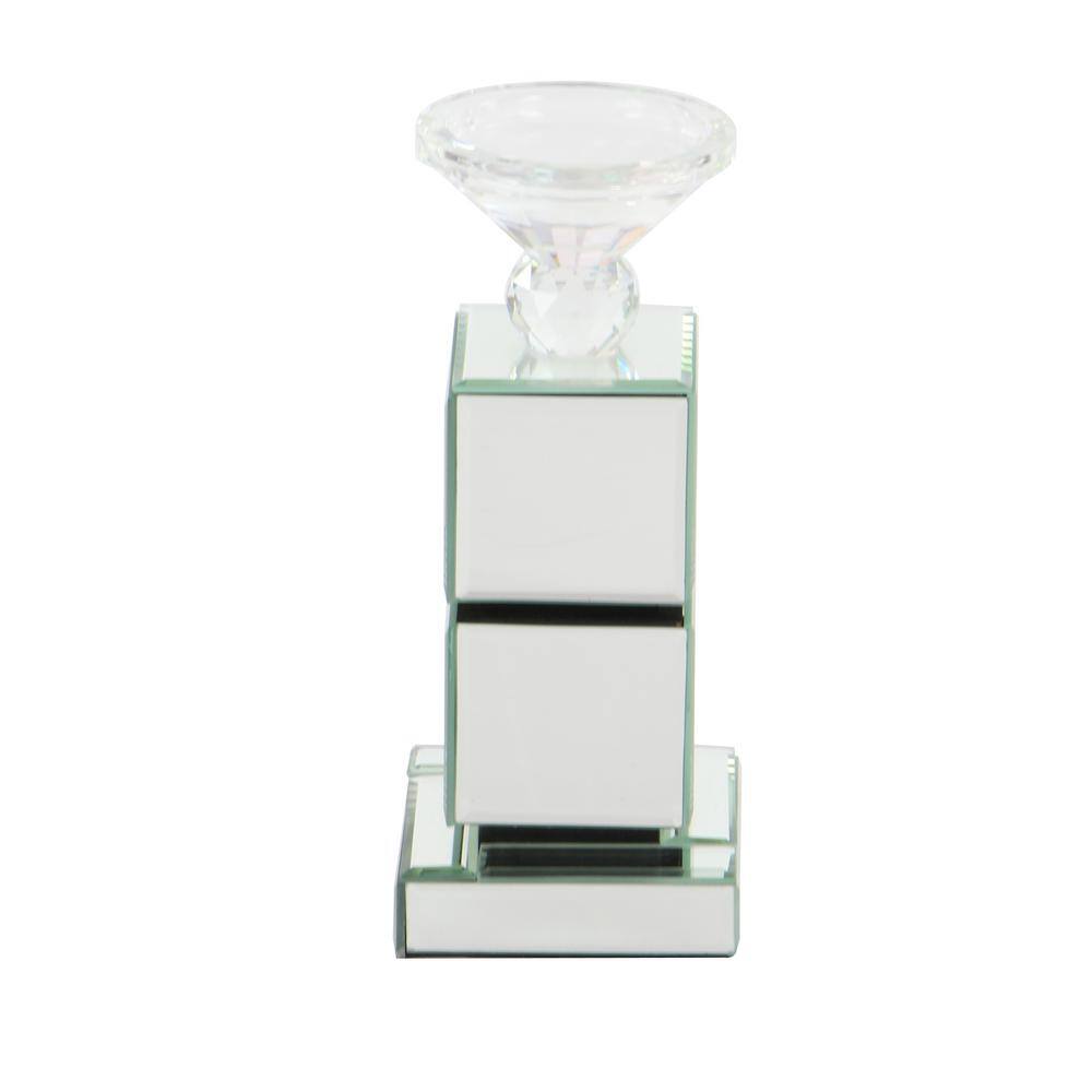 Silver Mirrored Glass and Wood Pillar Candle Holder