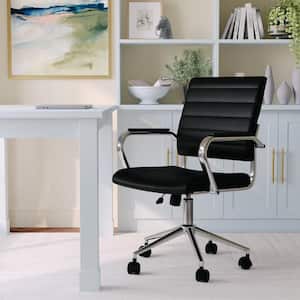 Piper Faux Leather Adjustable Height with Wheels Office Chair in Black Faux Leather/Polished Nickel with Arms