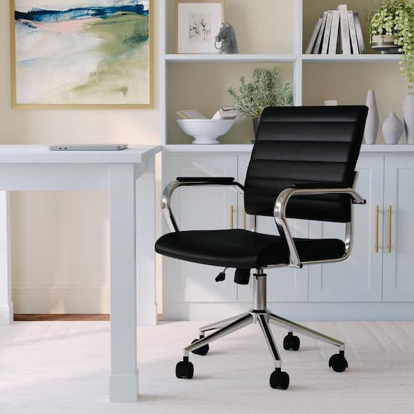 MARTHA STEWART Piper Faux Leather Adjustable Height with Wheels Office Chair in Black Faux Leather/Polished Nickel with Arms