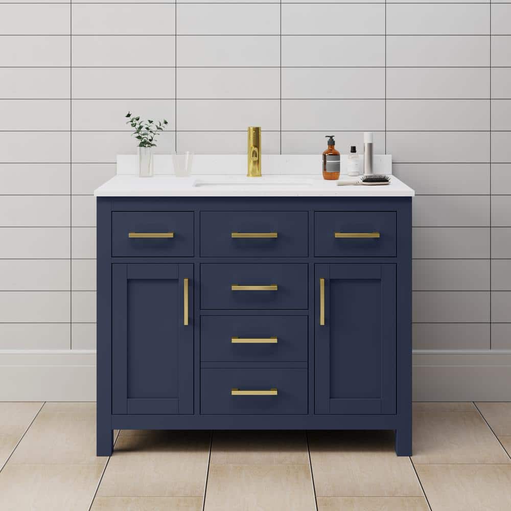 Beckett 42" Dark Blue Freestanding Single Vanity with White Marble Top