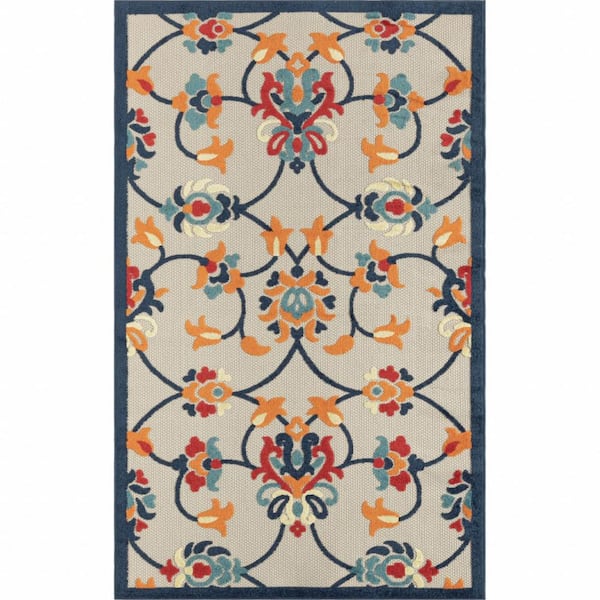Blue, Orange 2 ft. x 3 ft. Woven Floral Polypropylene Rectangle Indoor/Outdoor Area Rug