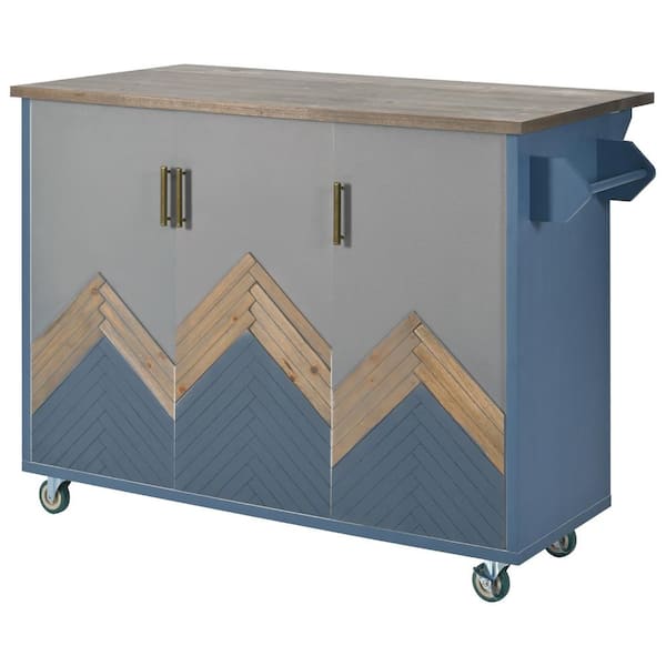 JimsMaison Navy Blue Oak Kitchen Cart with Drop Leaf, Towel Holder, and Internal Storage Rack