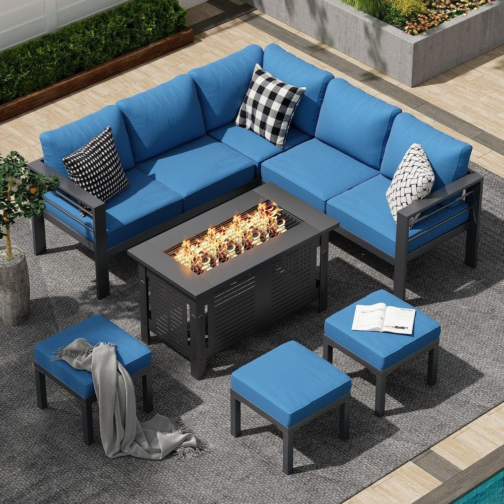 "7-Piece Aluminum Outdoor Patio Conversation Set - 8-Seat Blue Metal Sectional Sofa with 43"" Fire pit table" price history on PriceWatchPro