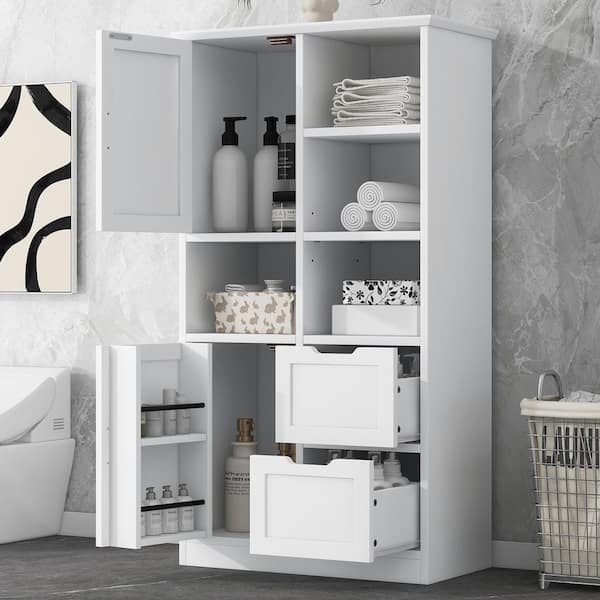 Magic Home 31 in.W x16 in.D x62 in.H White MDF Freestanding Bathroom Linen Cabinet with Doors and Drawers, Multiple Storage Space