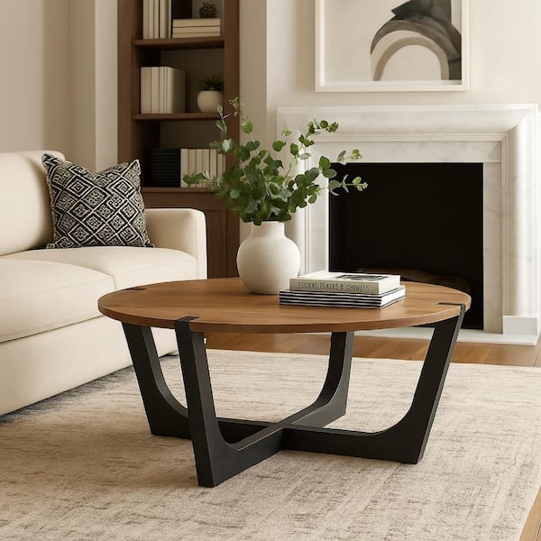 Leyi 44 in. Brown and Black Round Shape Mango Wood Coffee Table