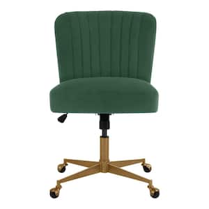 Azria Verdite Green Velvet Office Chair with Brass Wheeled Base