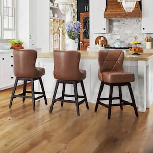 Hampton 26 in. Dark Brown Solid Wood Frame Counter Stool with Back Faux Leather Upholstered Swivel Bar Stool Set of 3