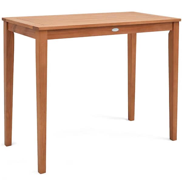 Costway Patio Bar Table 48 in. Eucalyptus Wood Bar Height Slatted Tabletop Outdoor Dining Table