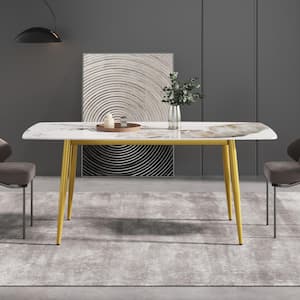 70.87 in. Pandora Pattern Rectangle Sintered Stone Top Gold Metal 4 Legs Dining Table (Seats 6)