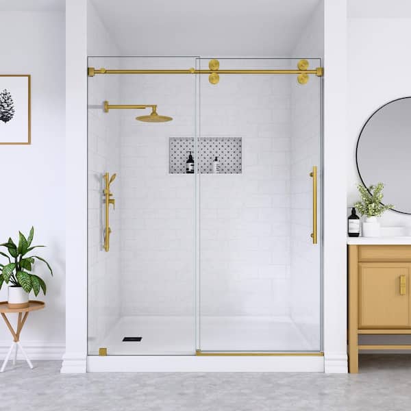 mortix Serena 60 in. W x 80 in. H Sliding Frameless Shower Door in Brushed Gold with 3/8 in. (10 mm) Tempered Clear Glass