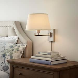 5.9 in. Hutchinson 1-Light Brushed Nickel Modern Wall Mount Swing Arm Sconce Light with White Fabric Shade