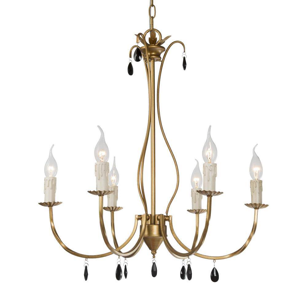 6-Light Farmhouse Chandelier With Vintage Brushed Gold Elegance, Perfect fo