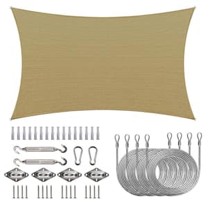 8 ft. x 10 ft. 190 GSM Sand Beige Rectangle Sun Shade Sail with Rectangle Installation Kit Plus Cable Wire Ropes