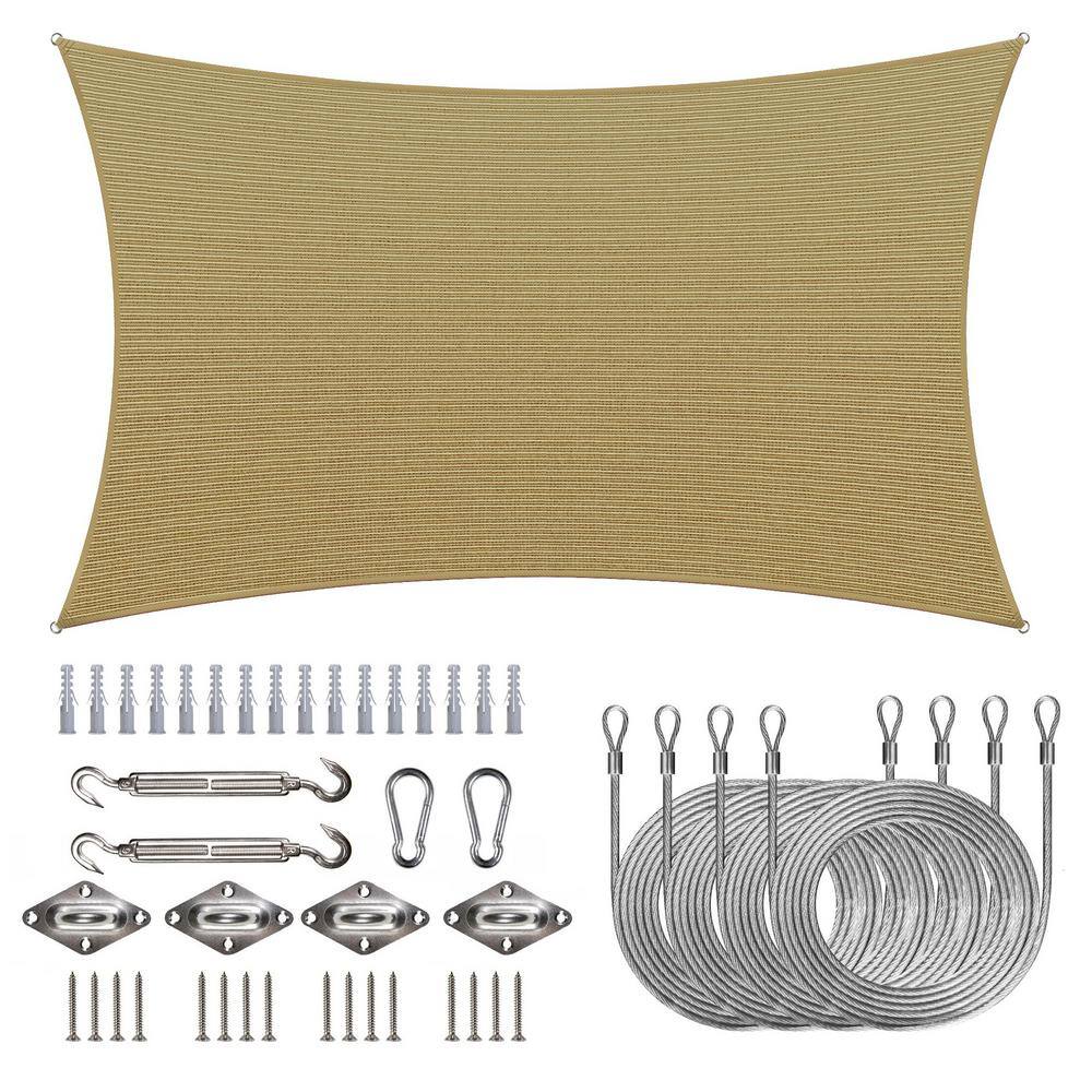 ColourTreeUSA Rectangle Sun Shade Sail with Hardware Kit + Cable Ropes HDPE Mesh Fabric Screen Canopy UV Block 190 GSM 10' x 13' - Sand Beige