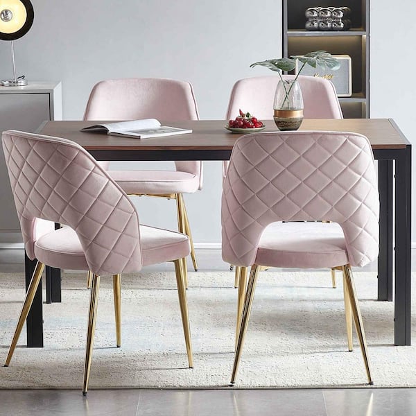 Pink Velvet Upholstered Dining Chairs with Metal Legs and Hollow Back Set of 4