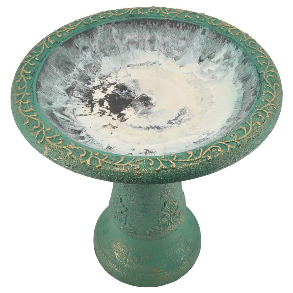 Green Fiberclay Ornate Floral Standing Birdbath