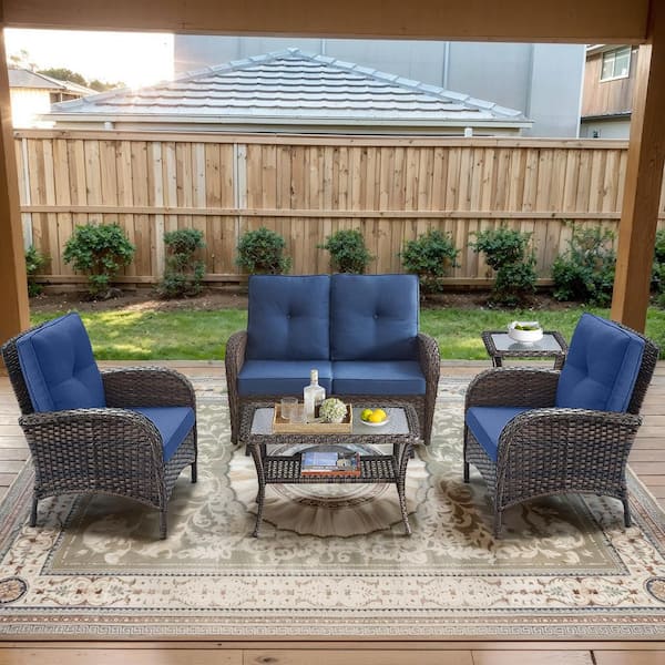 Opohoro Brown 5-Piece Wicker Patio Conversation Set with Armchairs, Outdoor Glider Seating Set with Navy Blue Cushions