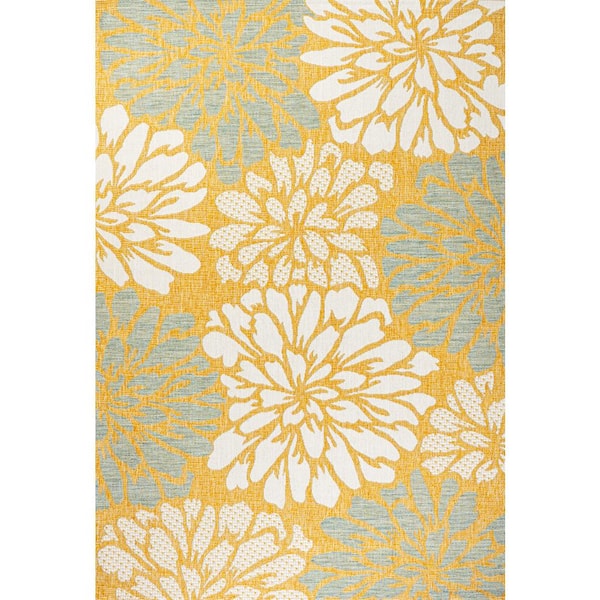 Zinnia Modern Floral Textured Weave Yellow/Cream 9 ft. x 12 ft. Indoor/Outdoor Area Rug