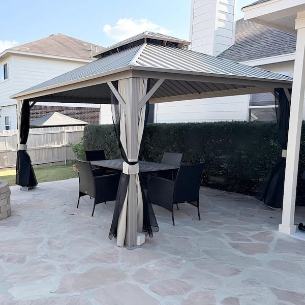 12 ft. x 14 ft. Champagne Aluminum Hardtop Gazebo Canopy with Galvanized Steel Double Roof, Curtains and Netting