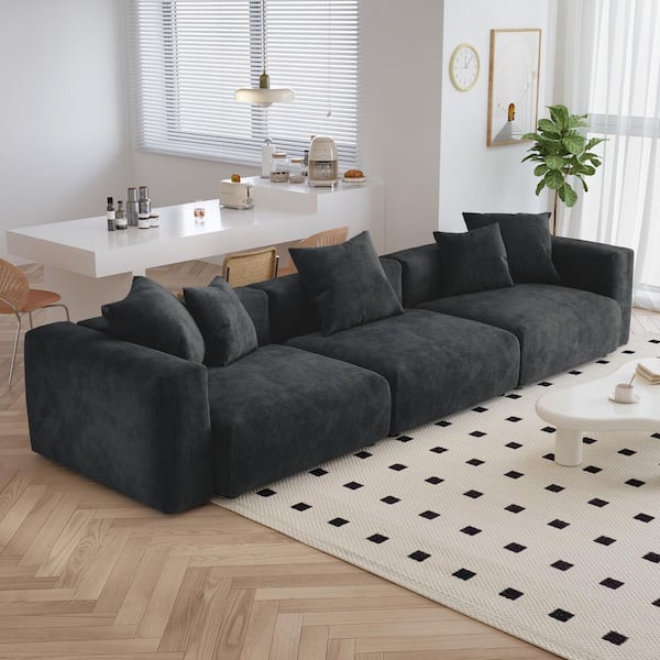 J&E Home 141.7 in. Square Arm Corduroy 3-Piece Modular Living Room Sectional Sofa with Deep Seat in Black