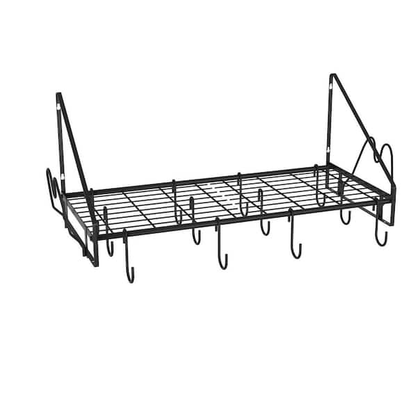 34.7 in. L x 13 in. W x 12.6 in. H Black Steel Wall Mounted Pot Rack with 12 Hooks and 2 Pot Lid Holders