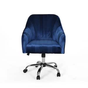 Channeled Navy Blue and Silver Velvet Swivel Office Chair