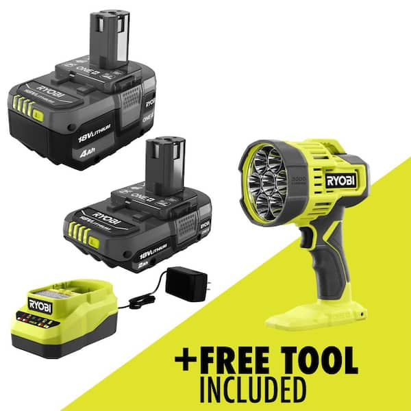 RYOBI ONE 18V Lithium Ion Kit with 2.0 Ah and 4.0 Ah Batteries Charger and Free ONE 18V Cordless LED Spotlight PSK106SB PCL661B The Home Depot