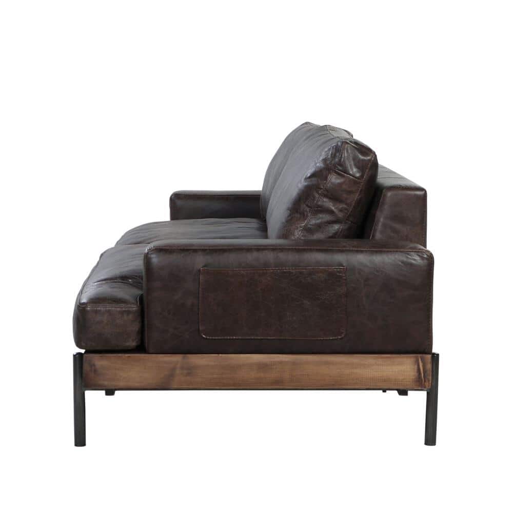 Elegant Oak and Distressed Chocolate Leather Sofa with Track Arms