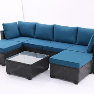 7-Piece Wicker Patio Conversation Set with Peacock blue Cushions